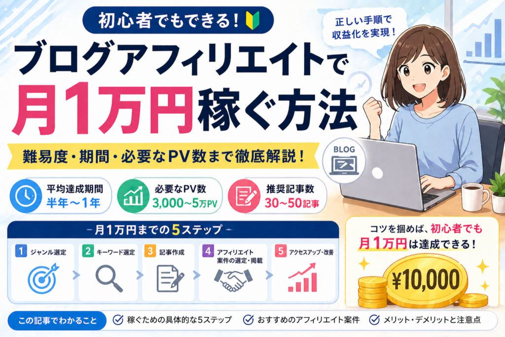 ブログのアフィリエイトで月1万円を稼ぐ5ステップ！難易度や必要な期間を全公開